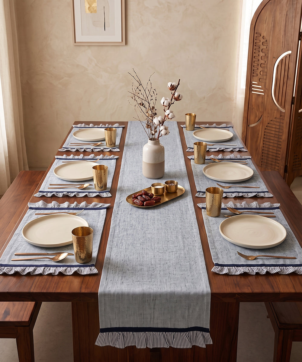 Blue Cotton Oxford Table Runner with 6 Pcs Mat (navy stripe ruffles)