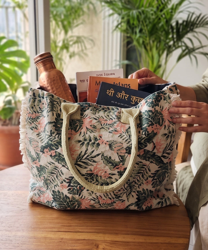 Citrus Oasis Woven Fringed Tote Bag