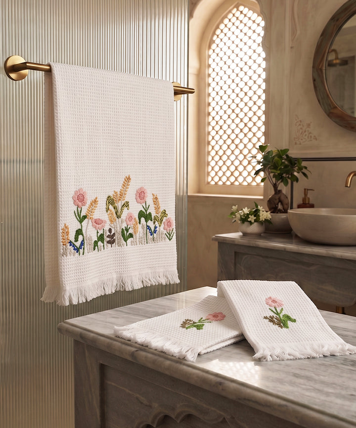 Embroidered 1 Pc Bath and 2 Pcs Hand Towel Set | Cotton Waffle Fabric | White