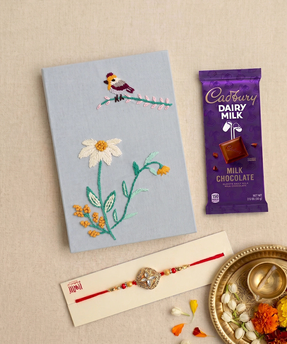 Hand Embroidered Diary Gift Set with Rakhi & Chocolate