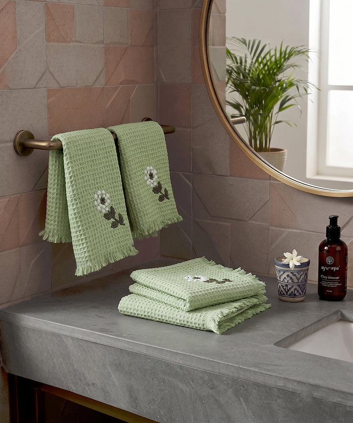 Embroidered Face Towel - Set of 4 pcs in Soft Cotton Waffle | Sage Green