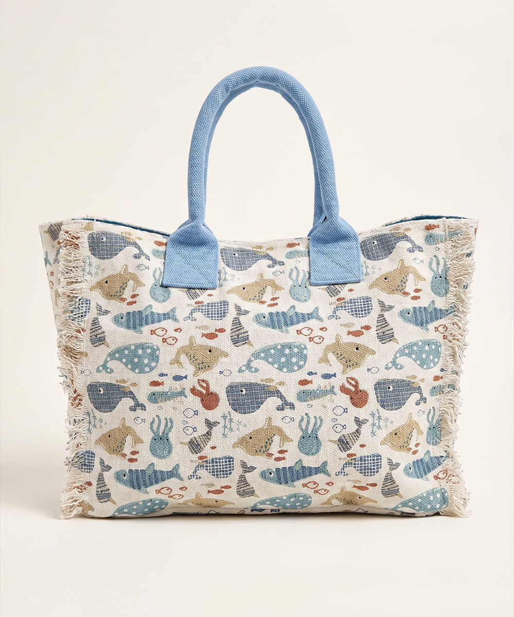 Marine Life Woven Fringed Tote Bag
