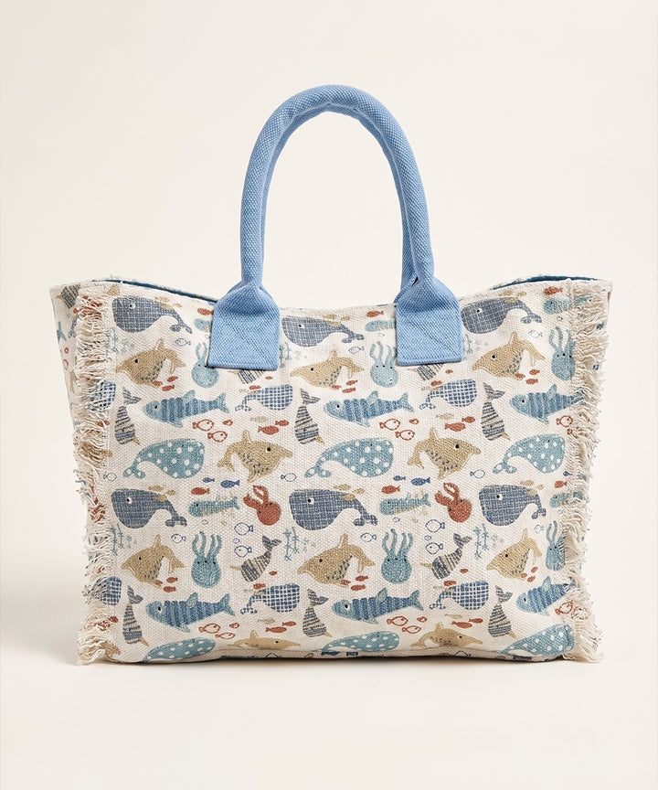 Marine Life Woven Fringed Tote Bag
