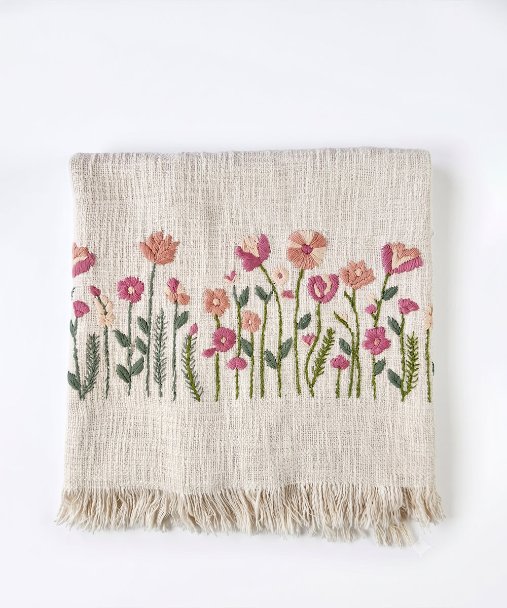 Ecru Blush Hand Embroidered Cotton Slub Handloom Sofa Throw