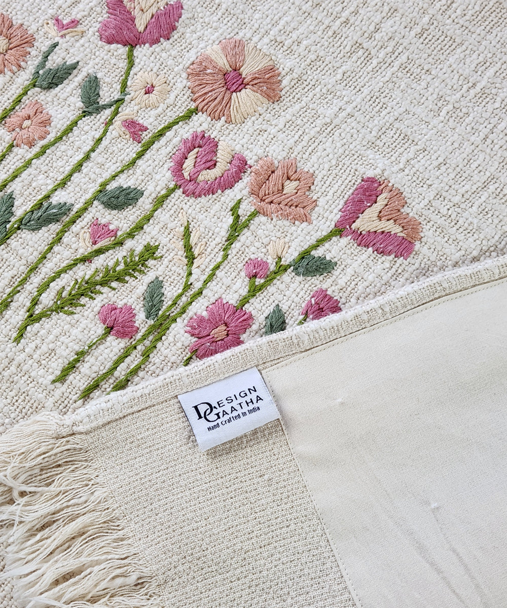Ecru Blush Hand Embroidered Cotton Slub Handloom Sofa Throw