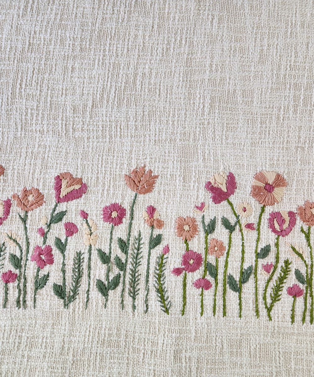 Ecru Blush Hand Embroidered Cotton Slub Handloom Sofa Throw