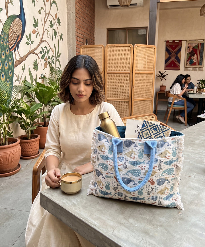 Marine Life Woven Fringed Tote Bag