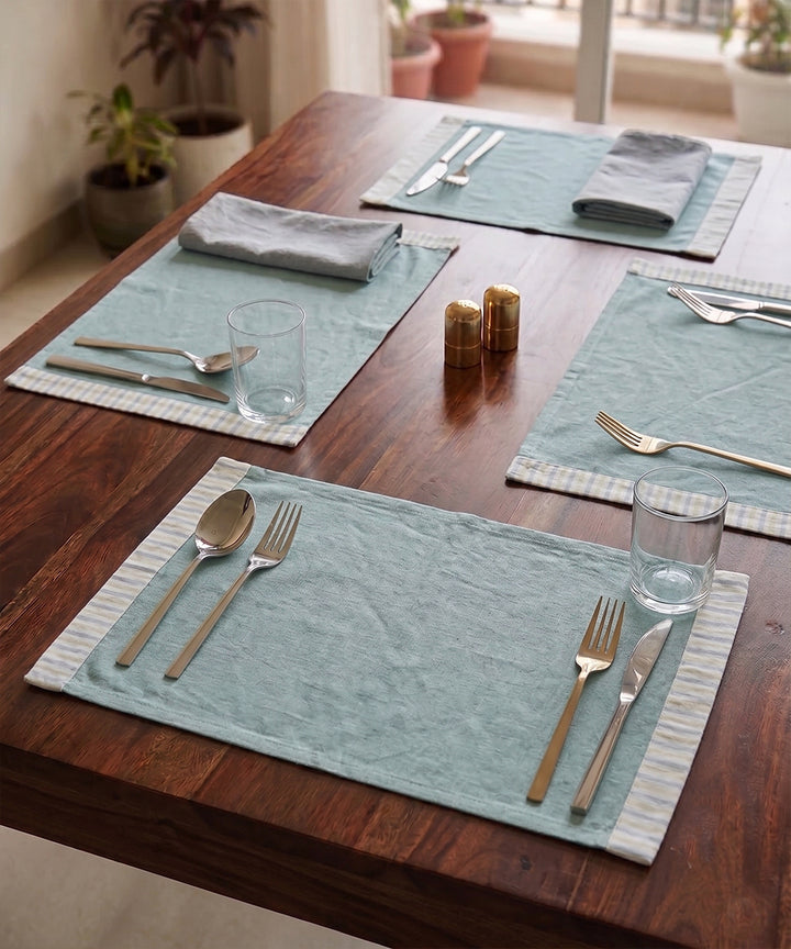 Set of 6 pcs Sage Green Pure Linen Table Mat with YD stripe flange