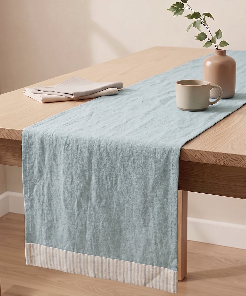 Sage Green Pure Linen 6 seater Table Runner with YD stripe flange