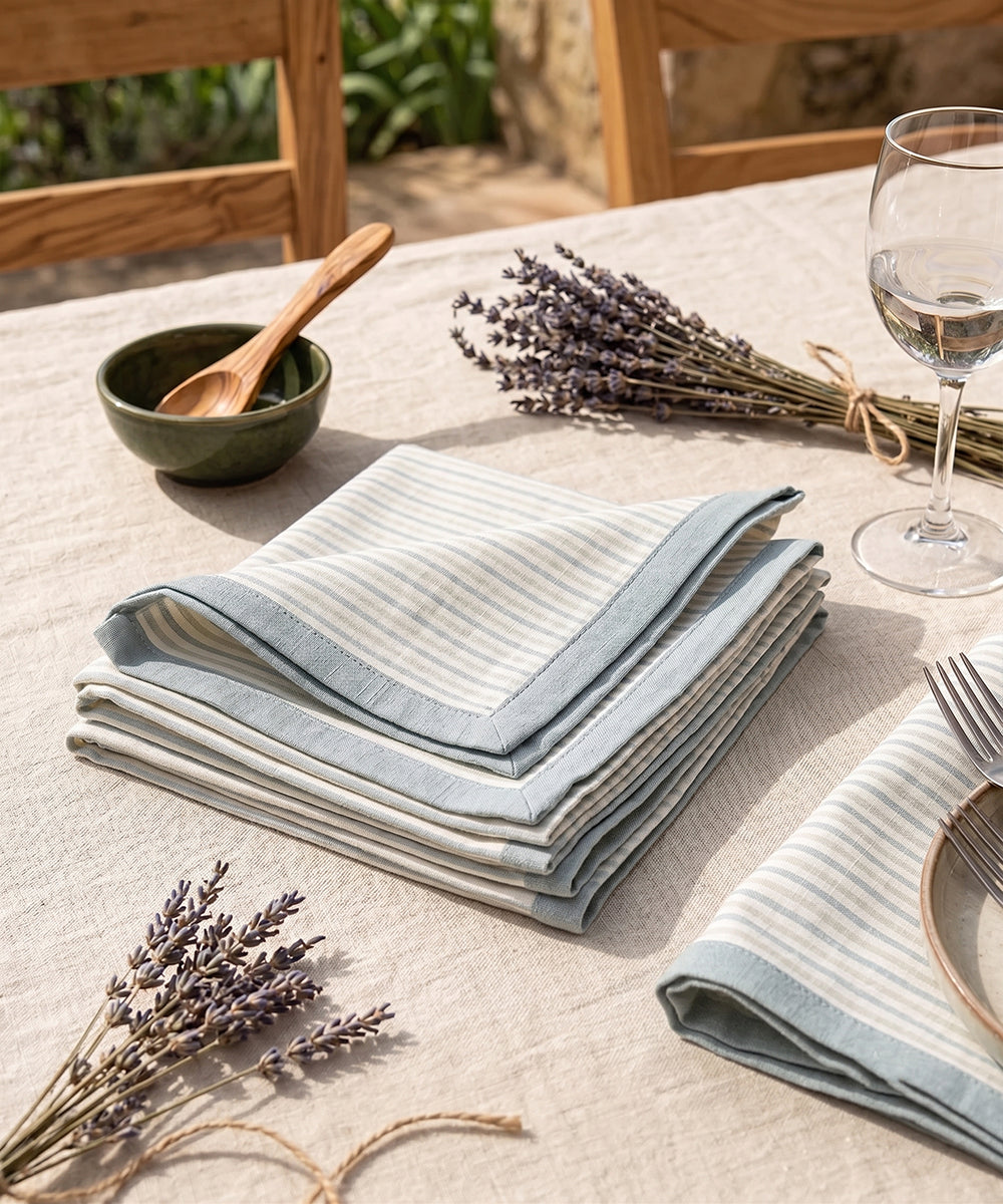 Set of 6 pcs Sage Green & Yellow Cotton YD stripe Table Napkin