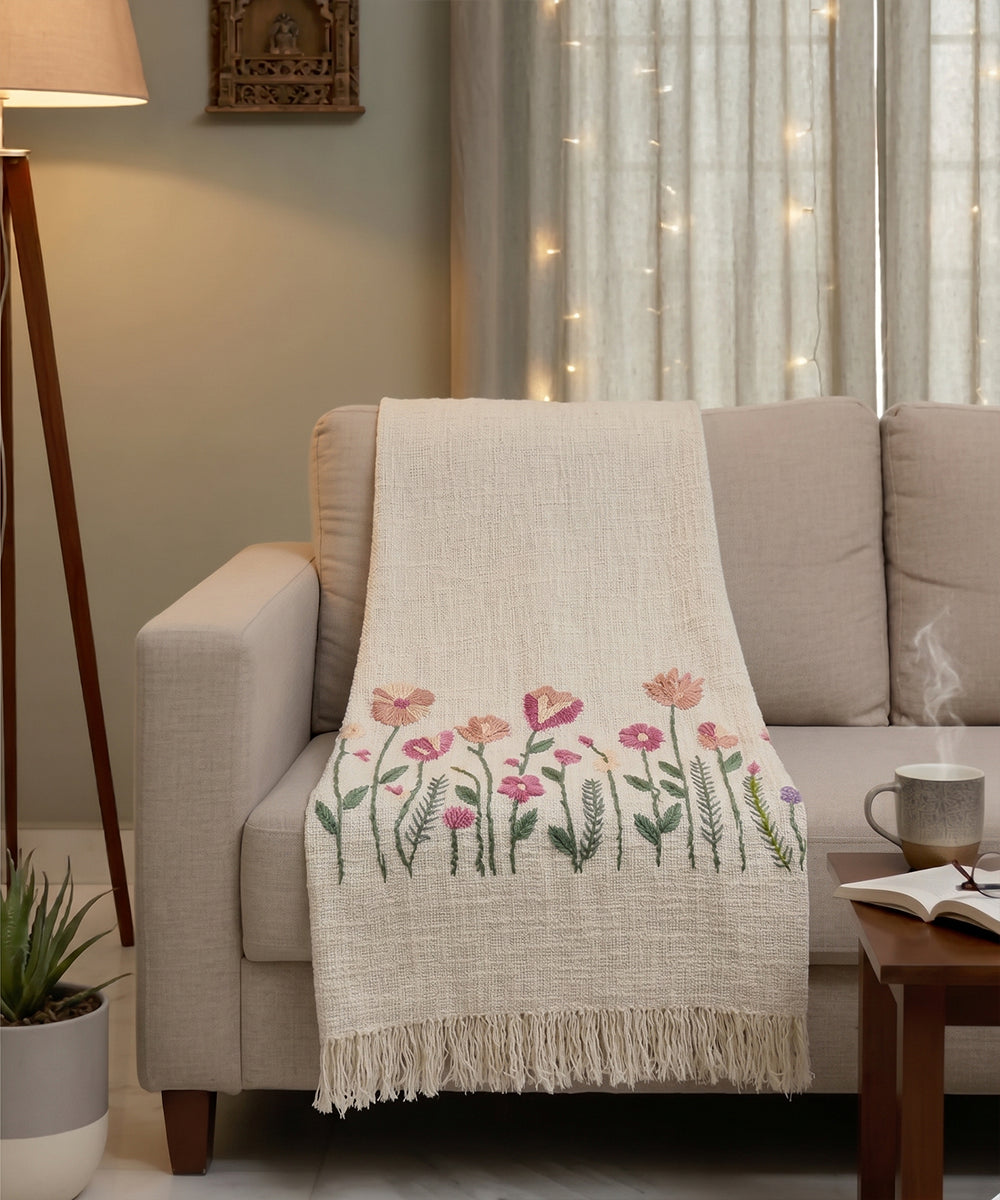 Ecru Blush Hand Embroidered Cotton Slub Handloom Sofa Throw
