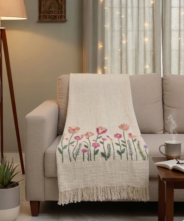 Ecru Blush Hand Embroidered Cotton Slub Handloom Sofa Throw