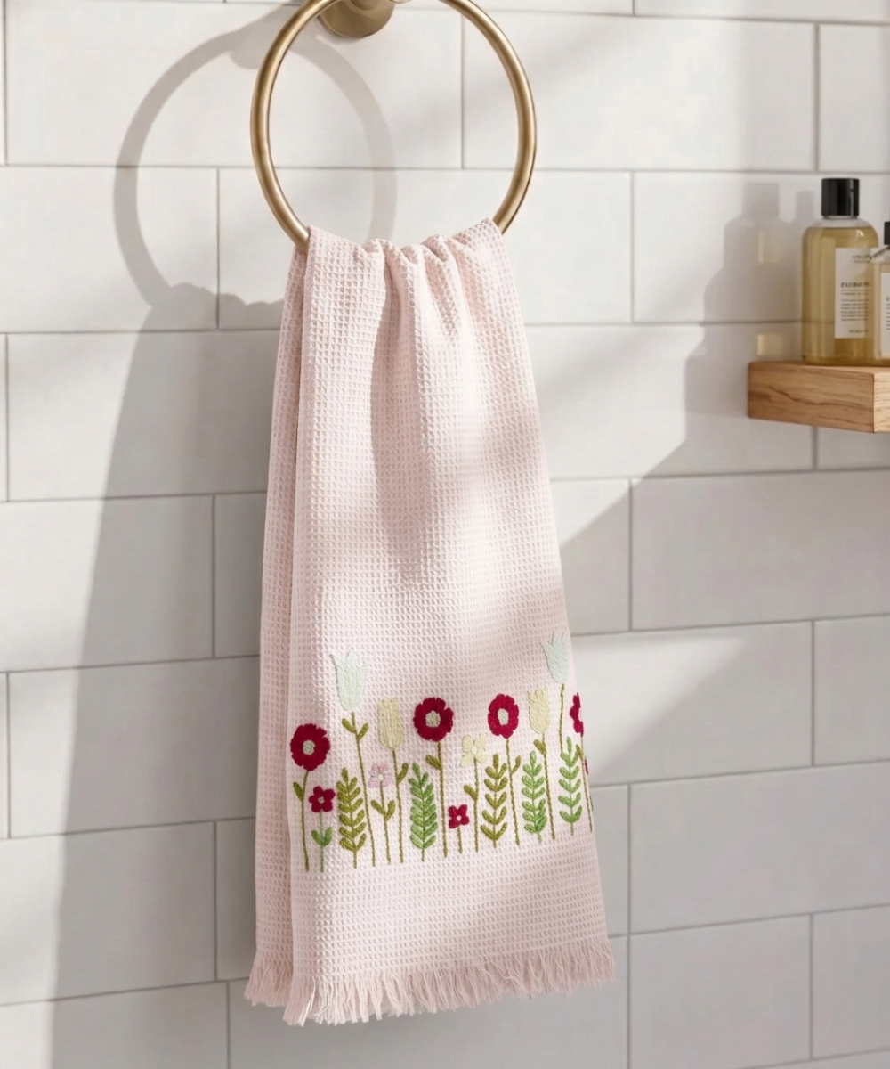 Embroidered Bath Towel | Soft Cotton Waffle | Dusty Pink
