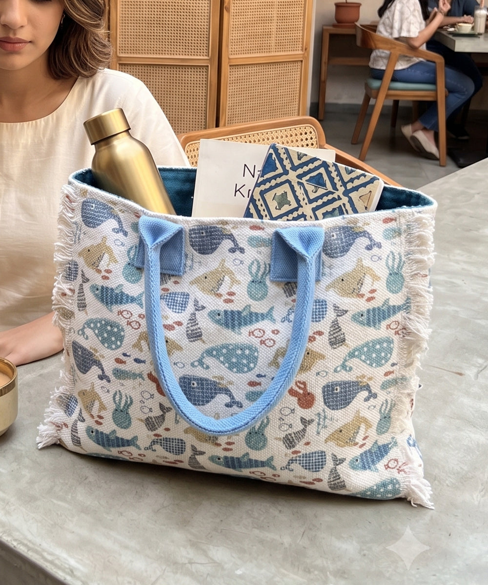Marine Life Woven Fringed Tote Bag