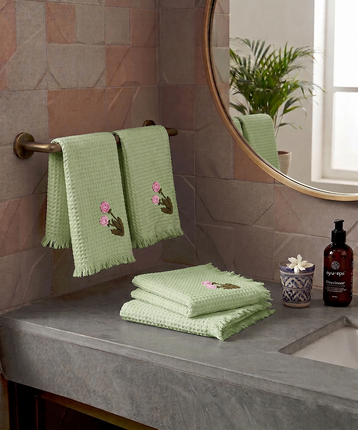 Embroidered Face Towel - Set of 4 pcs in Soft Cotton Waffle | Sage Green