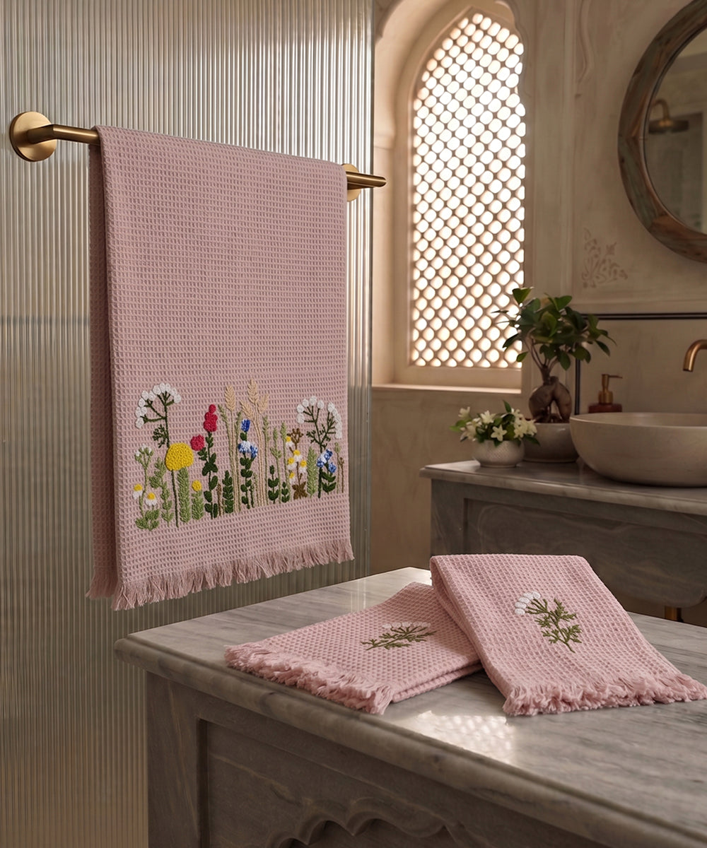 Embroidered 1 Pc Bath and 2 Pcs Hand Towel Set | Cotton Waffle Fabric | Dusky Pink