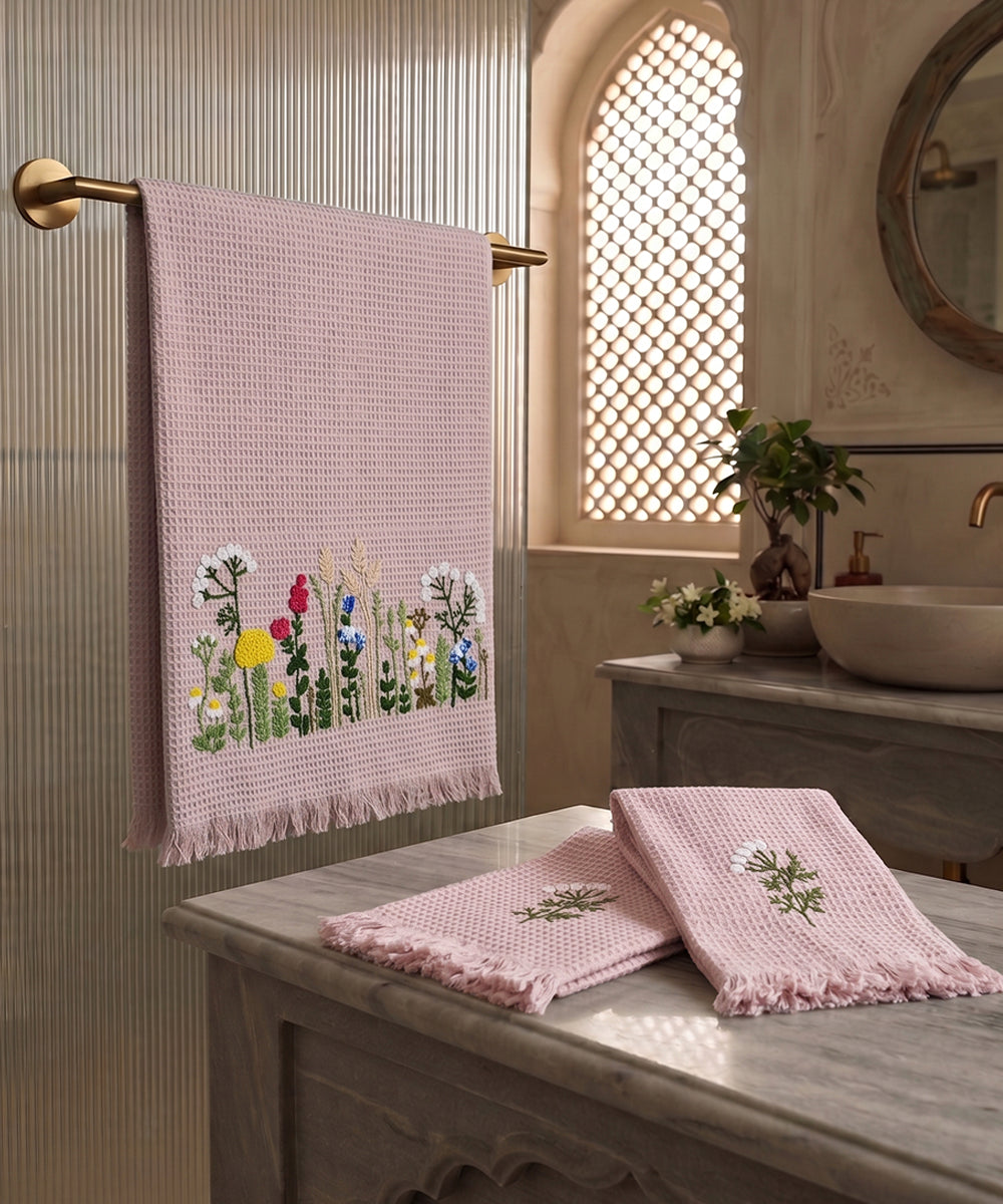 Embroidered 1 Pc Bath and 2 Pcs Hand Towel Set | Cotton Waffle Fabric | Dusky Pink