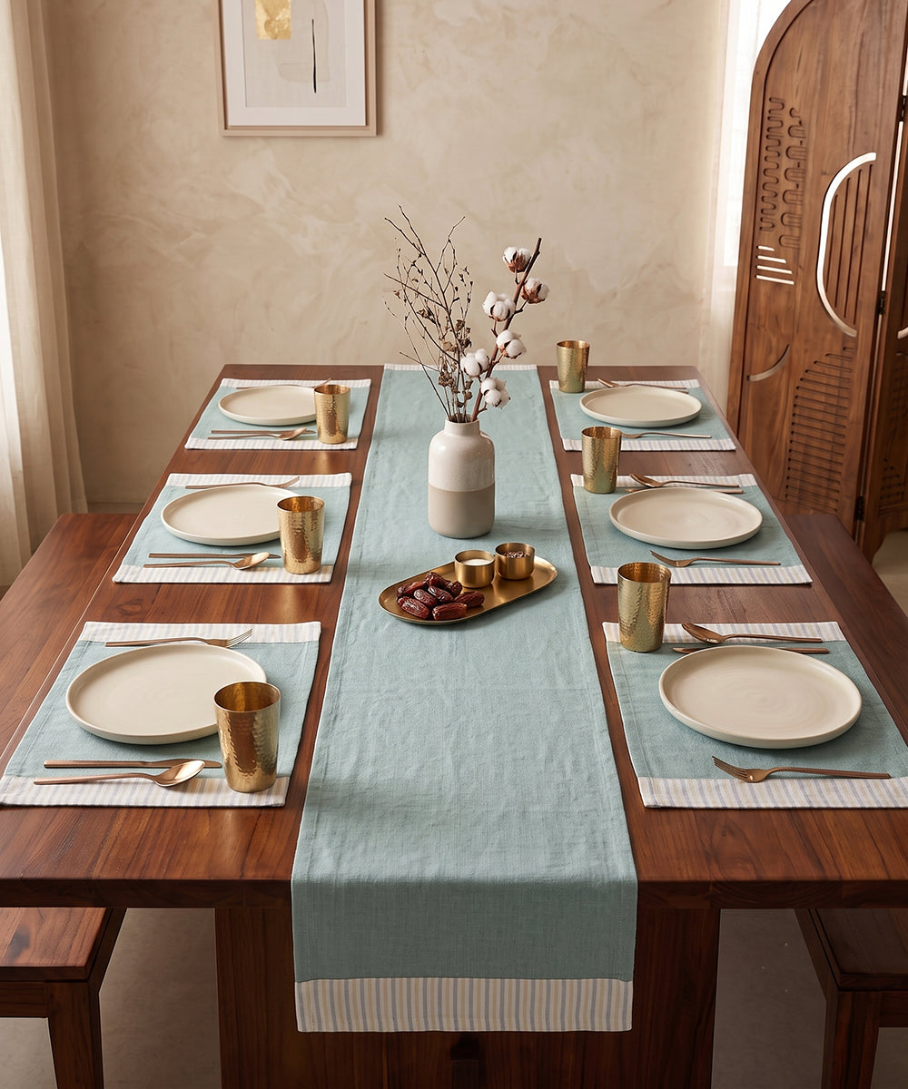 Sage Green Pure Linen Table Runner with 6 Pcs Mat (YD stripe flange)