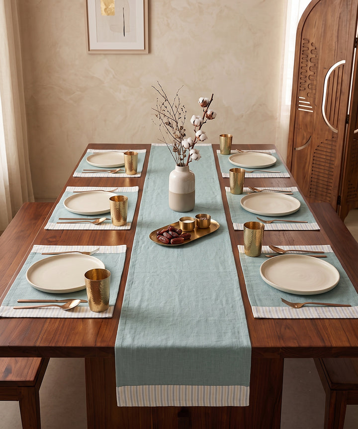 Sage Green Pure Linen Table Runner with 6 Pcs Mat (YD stripe flange)