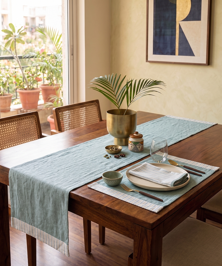 Sage Green Pure Linen Table Runner with 6 Pcs Mat and 6 Pcs Napkin