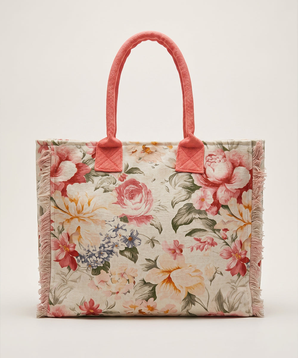 Spring Blossom Floral Woven Fringed Tote Bag