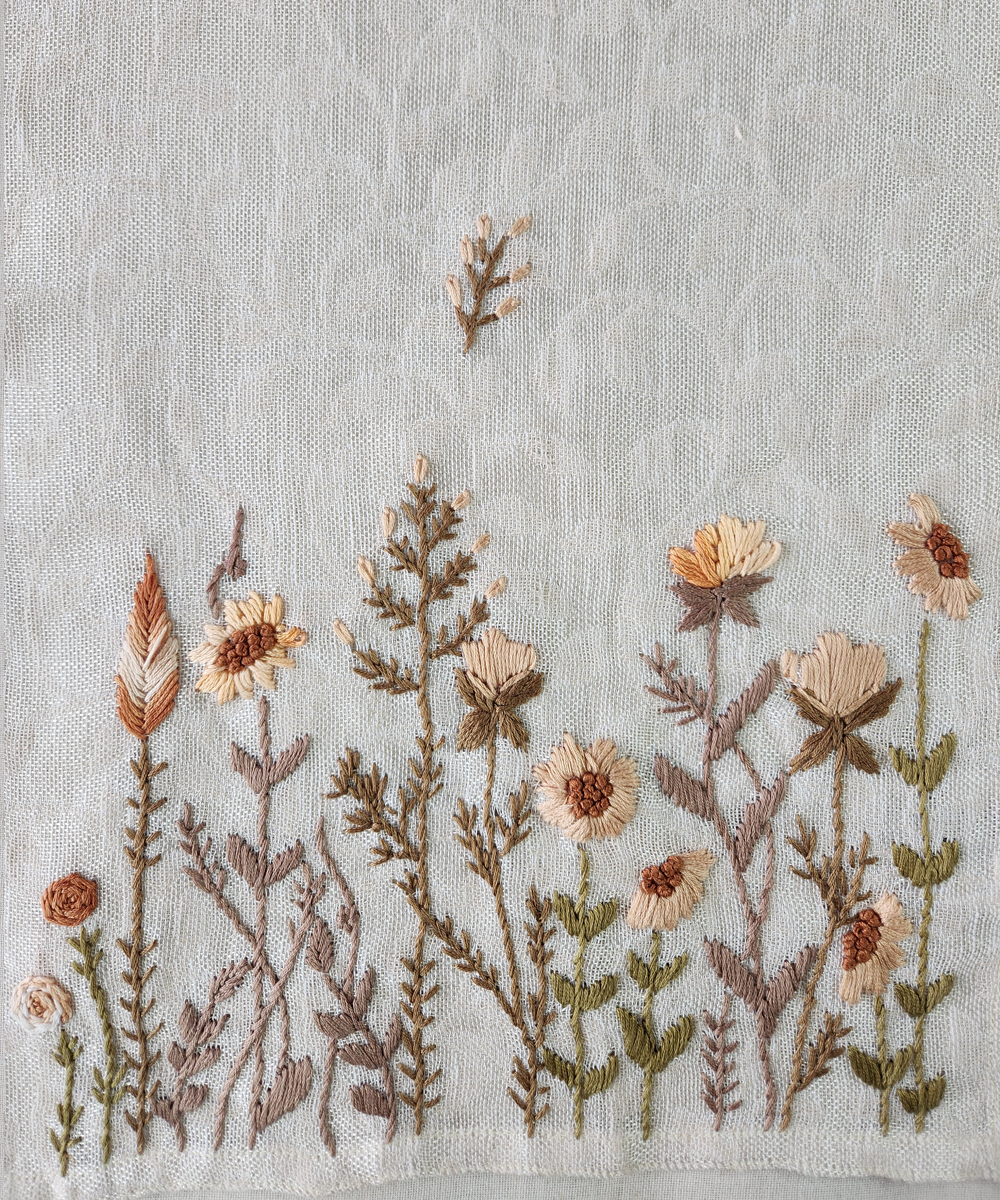 Light Cream Hand Embroidered Linen Gauze 6 seater Table Runner