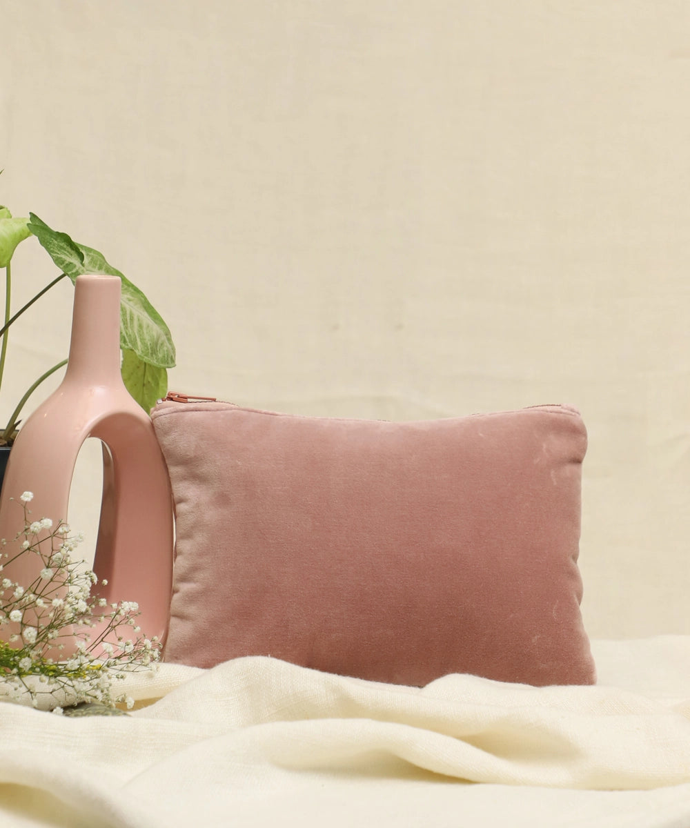 Onion Pink hand embroidered   Velvet Utility Pouch with Lining & Zip