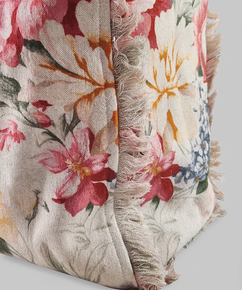 Spring Blossom Floral Woven Fringed Tote Bag