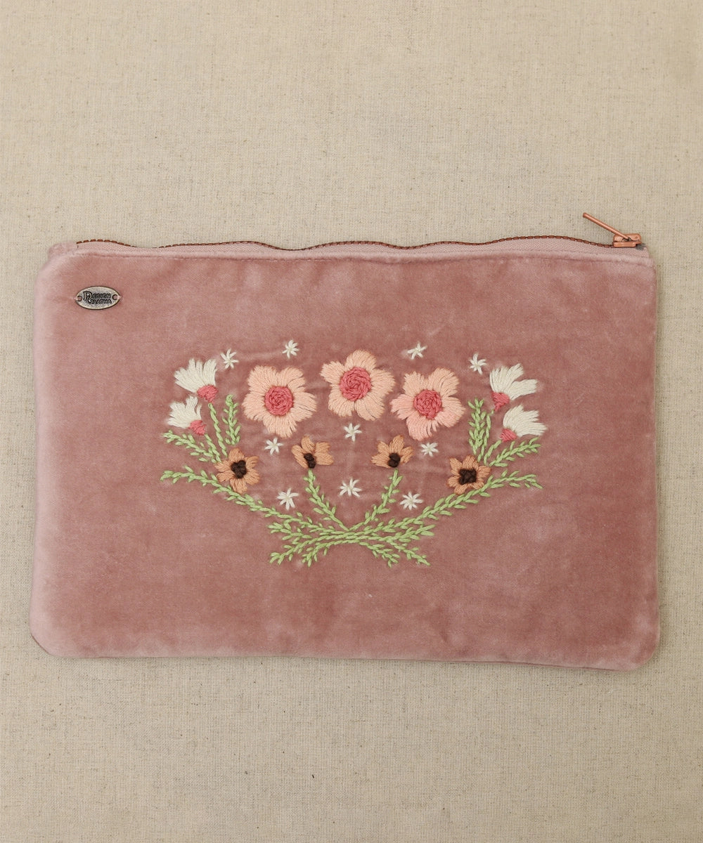 Onion Pink hand embroidered   Velvet Utility Pouch with Lining & Zip