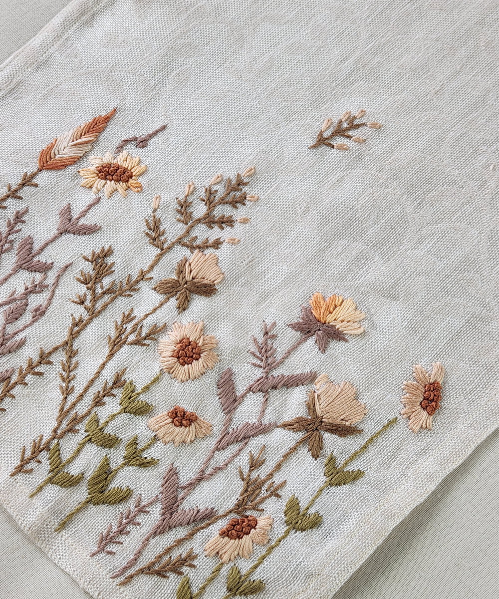 Light Cream Hand Embroidered Linen Gauze 6 seater Table Runner