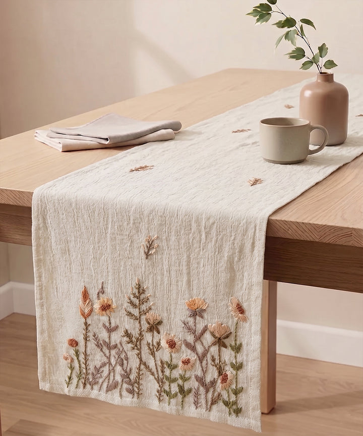 Light Cream Hand Embroidered Linen Gauze 6 seater Table Runner