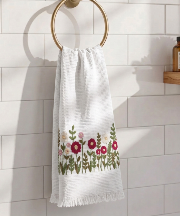Embroidered Bath Towel | Soft Cotton Waffle | White