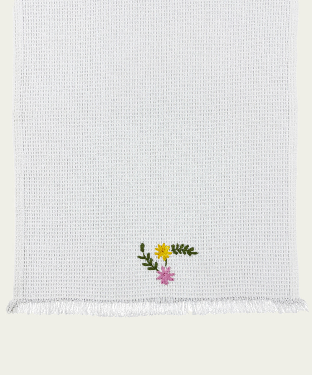 Embroidered Hand Towel - Set of 2 pcs in Soft Cotton Waffle | White