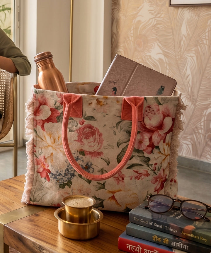 Spring Blossom Floral Woven Fringed Tote Bag
