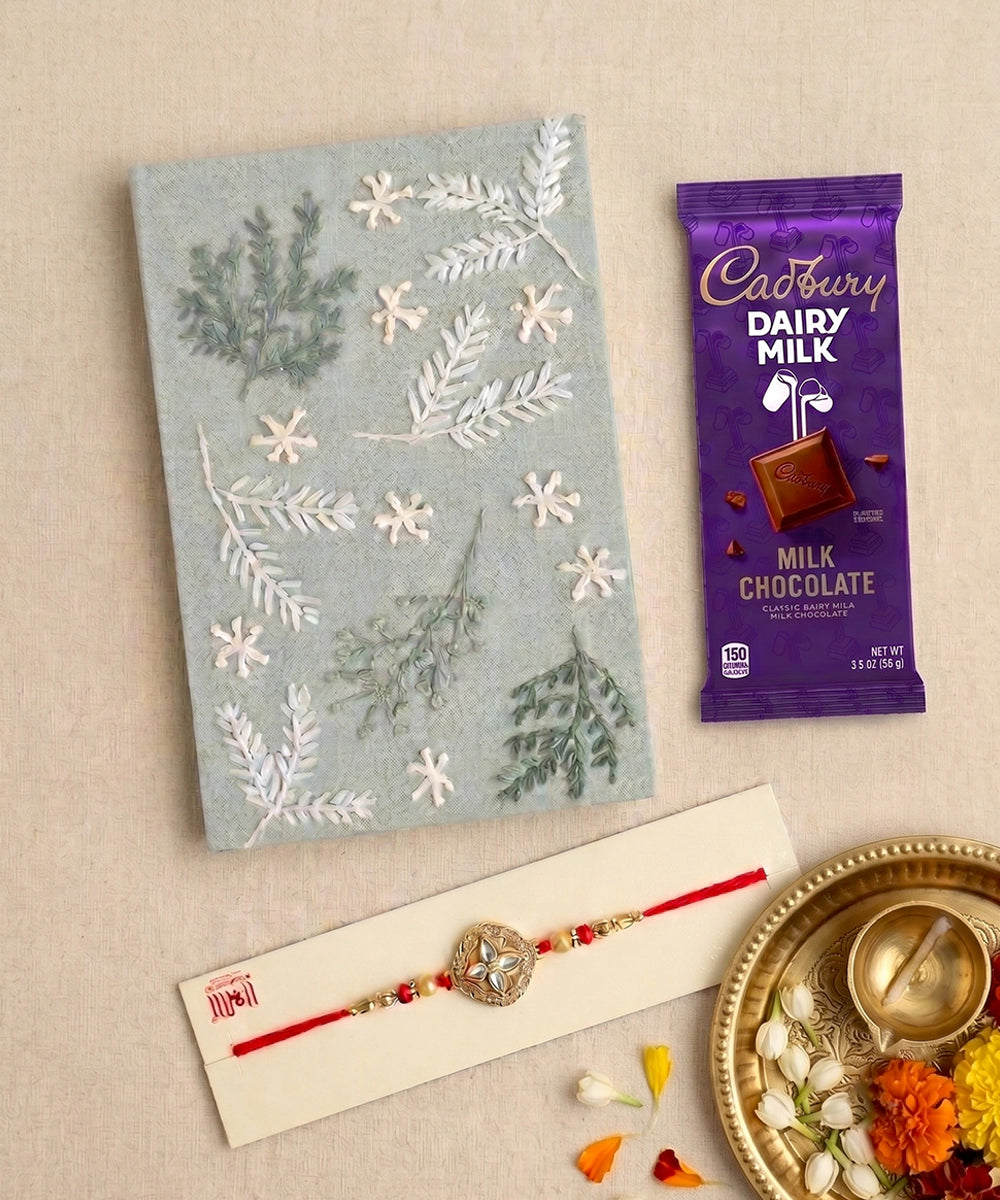 Hand Embroidered Diary Gift Set with Rakhi & Chocolate
