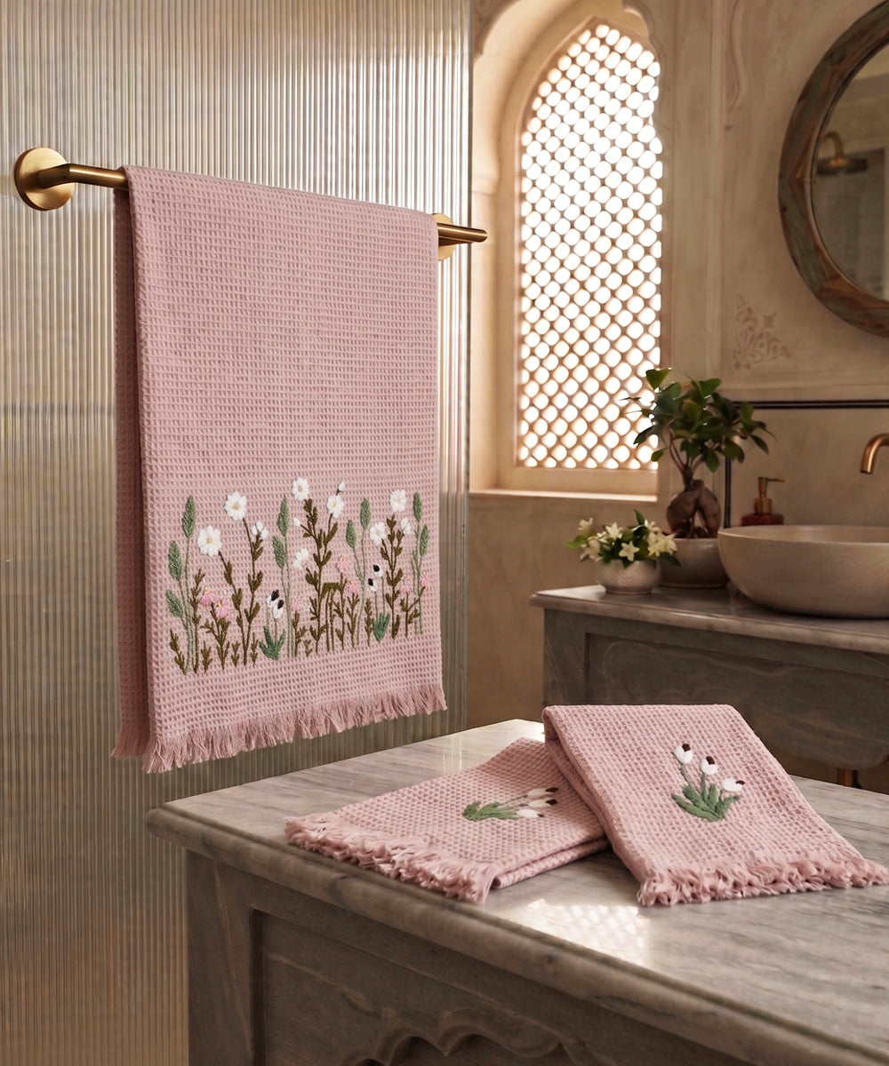 Embroidered 1 Pc Bath and 2 Pcs Hand Towel Set | Cotton Waffle Fabric | Dusky Pink