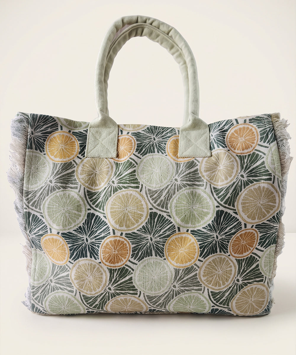 Citrus Grove Woven Fringed Tote Bag