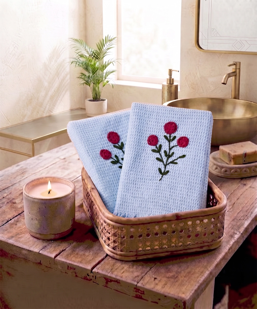 Embroidered Hand Towel - Set of 2 pcs in Cotton Waffle | Purplish Blue