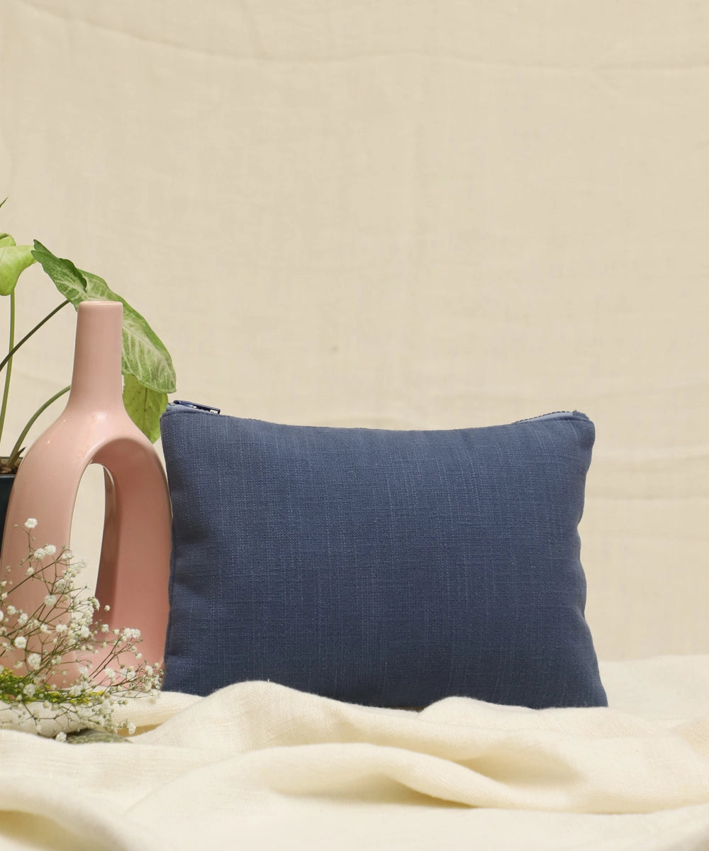 Bluish Grey hand embroidered  Pure Cotton Slub Utility Pouch with Lining & Zip