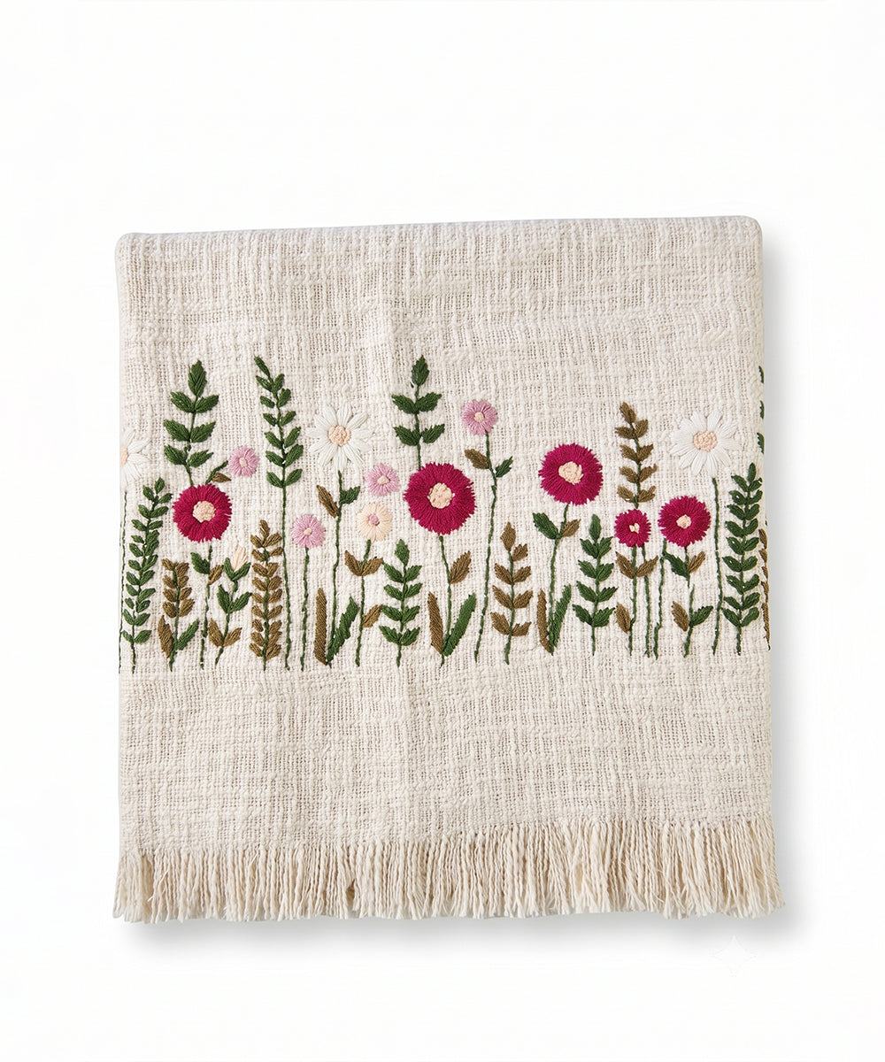 Ecru & Maroon Hand Embroidered Cotton Slub Handloom Sofa Throw