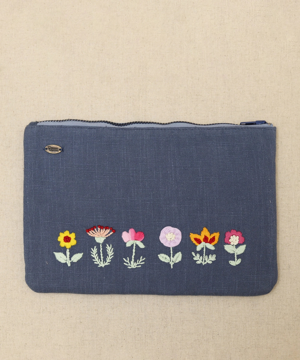Bluish Grey hand embroidered  Pure Cotton Slub Utility Pouch with Lining & Zip