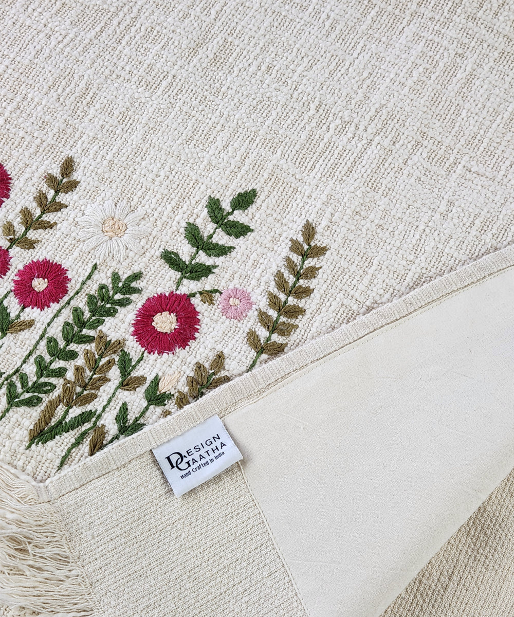 Ecru & Maroon Hand Embroidered Cotton Slub Handloom Sofa Throw