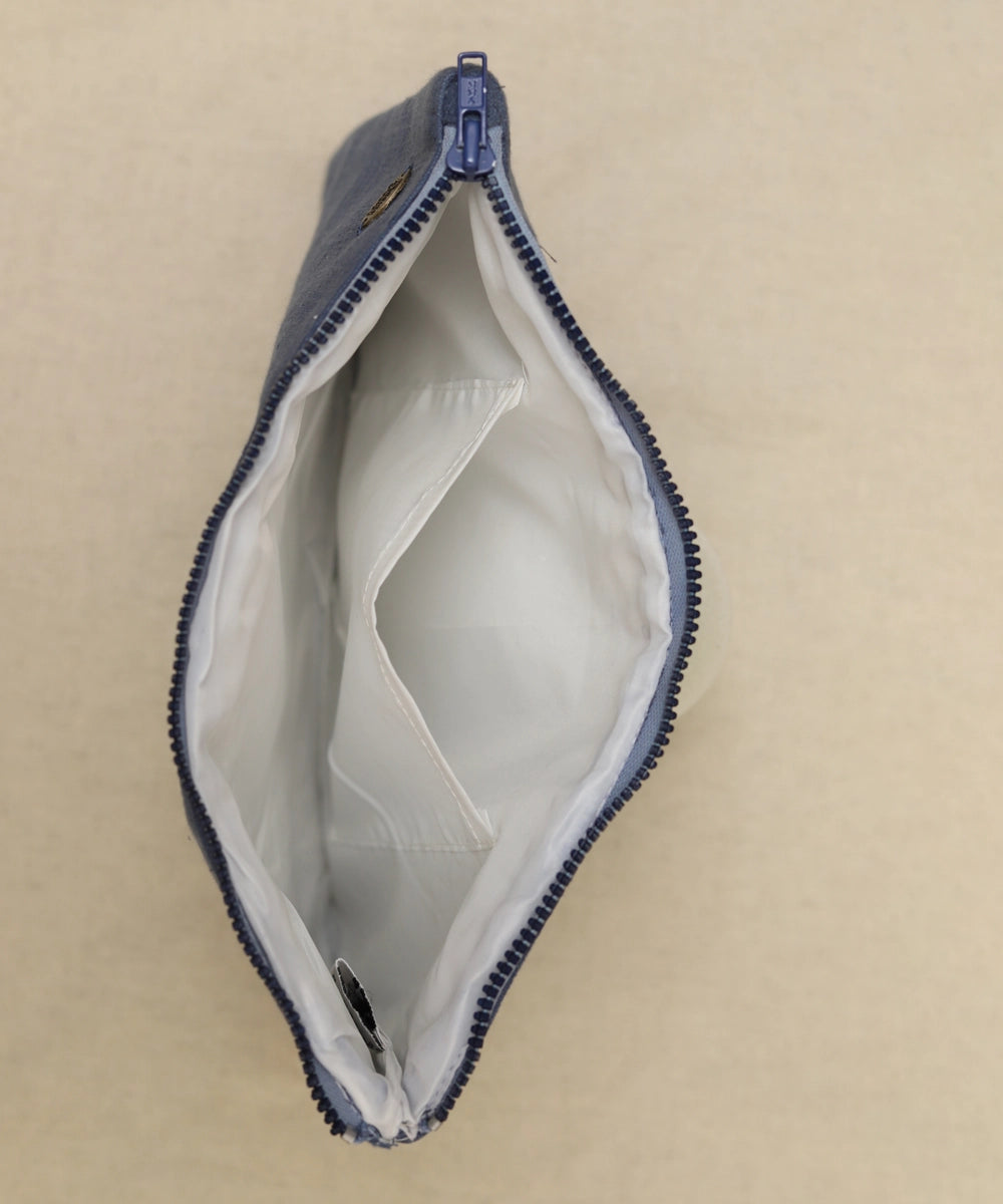 Bluish Grey hand embroidered  Pure Cotton Slub Utility Pouch with Lining & Zip