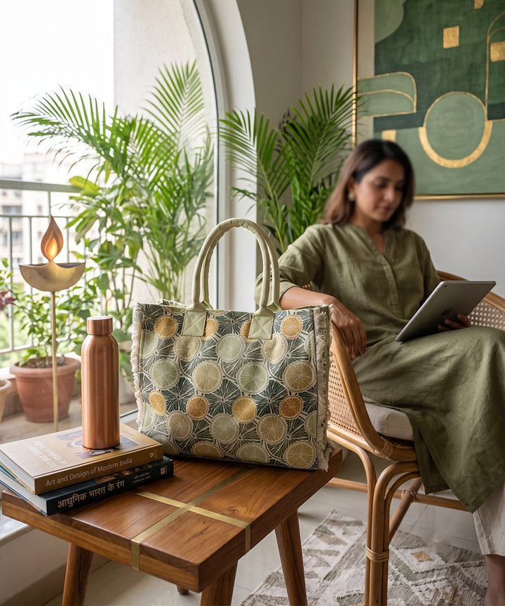 Citrus Grove Woven Fringed Tote Bag