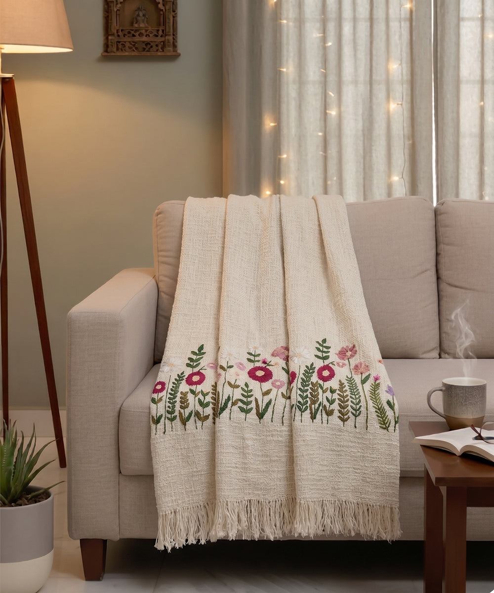 Ecru & Maroon Hand Embroidered Cotton Slub Handloom Sofa Throw