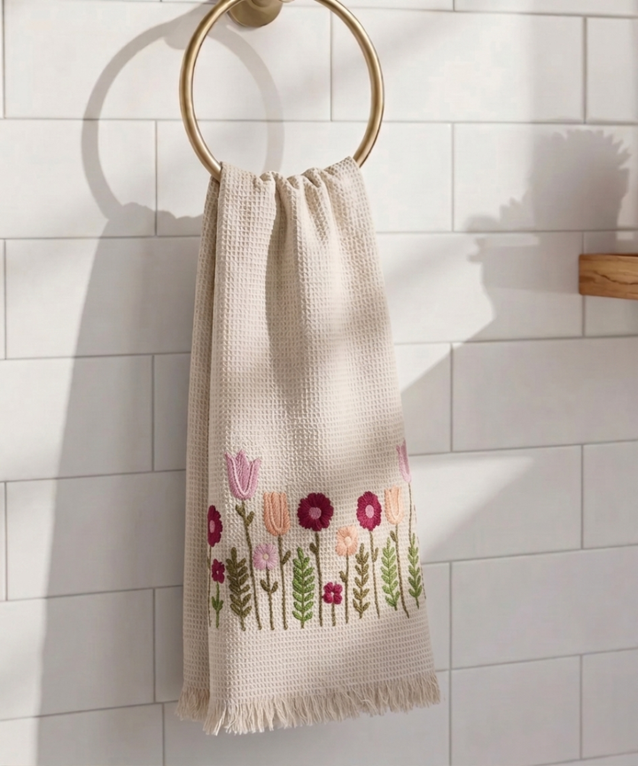 Embroidered Bath Towel | Soft Cotton Waffle | Beige