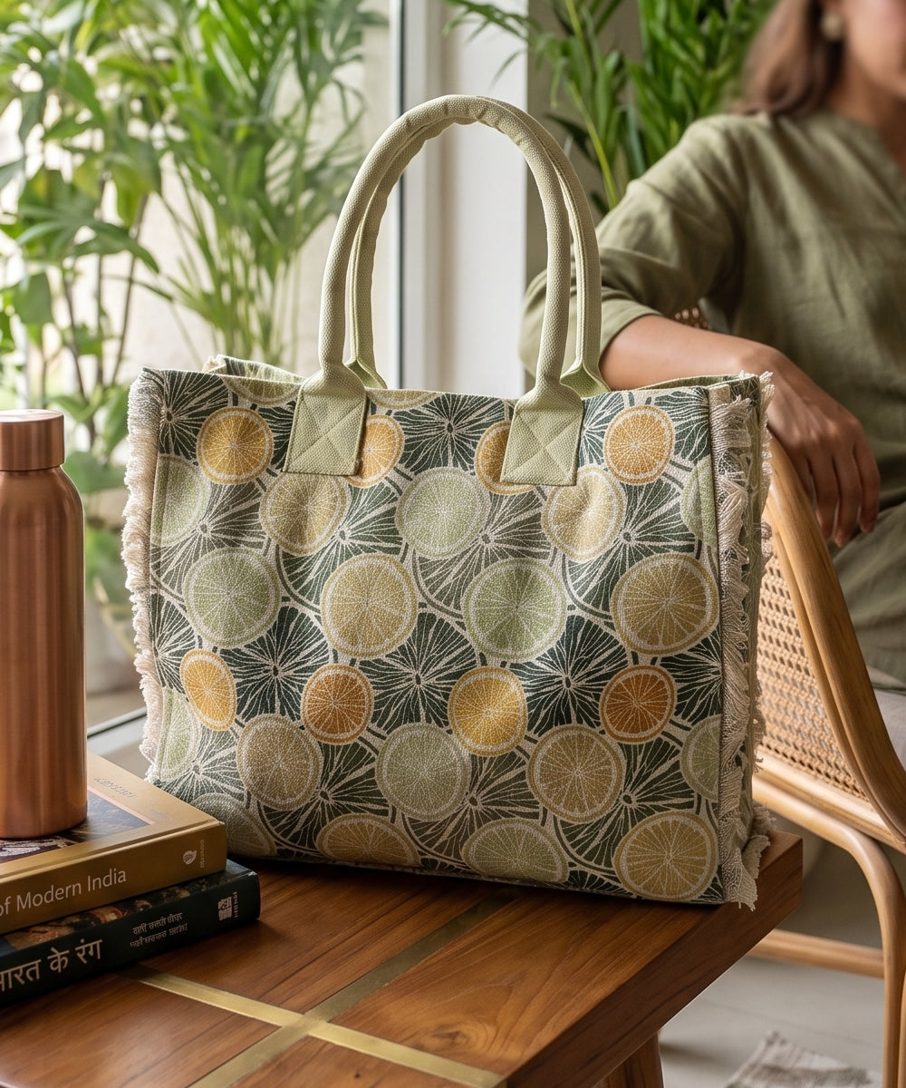 Citrus Grove Woven Fringed Tote Bag