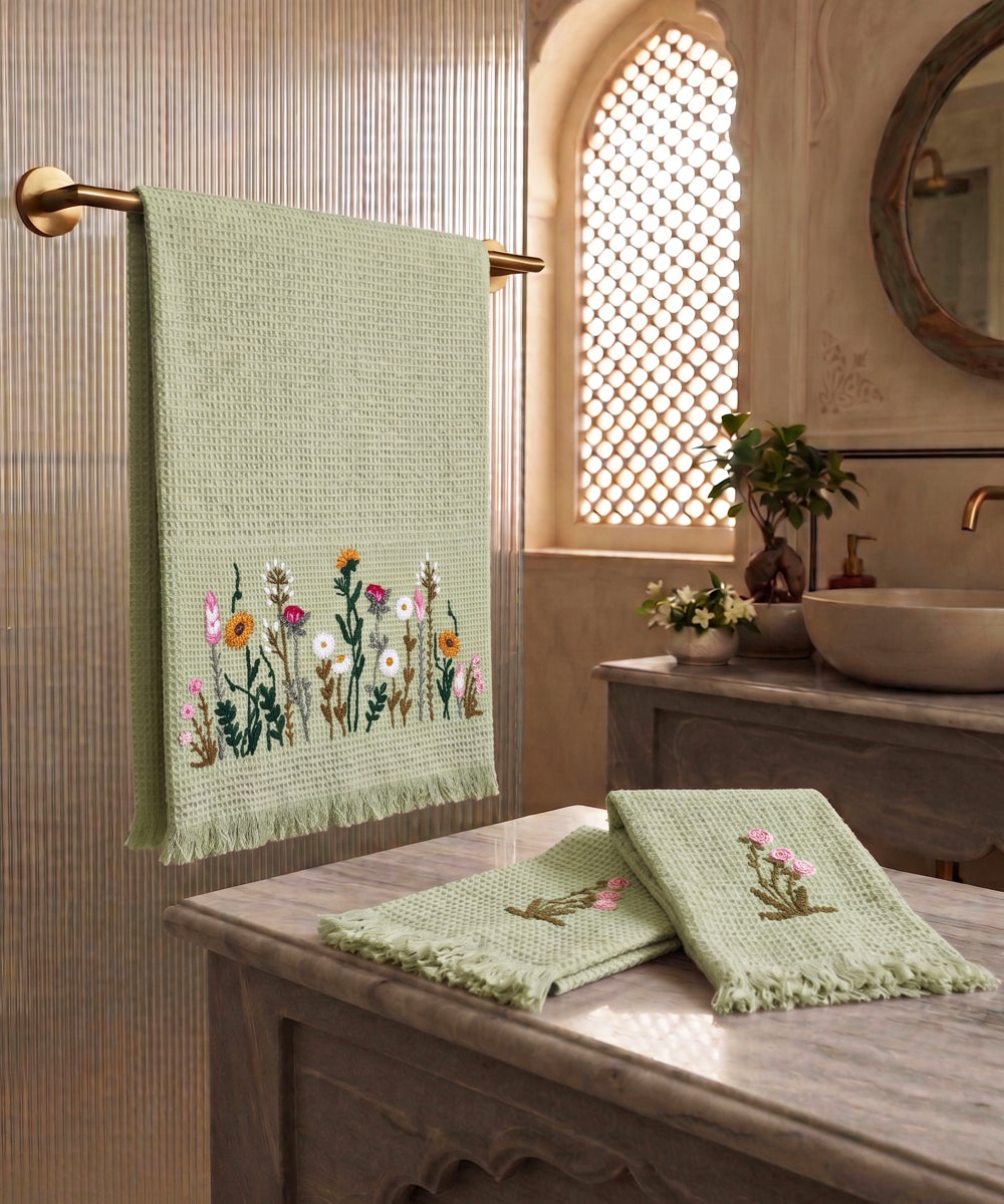 Embroidered 1 Pc Bath and 2 Pcs Hand Towel Set | Cotton Waffle Fabric | Sage Green