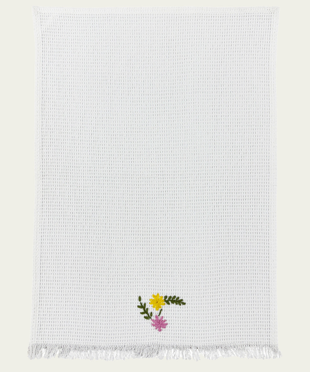Embroidered 1 Pc Bath and 2 Pcs Hand Towel Set | Cotton Waffle Fabric | White
