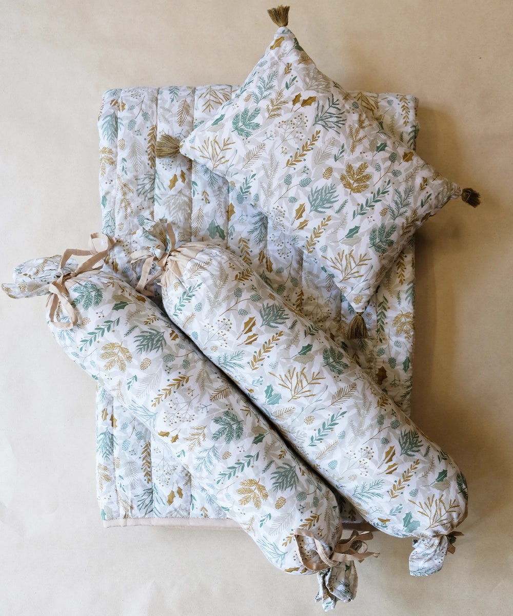 Mint Green Cotton Printed Baby Bedding Set (1 Bedding, 1 Pillow, 2 Bolsters)